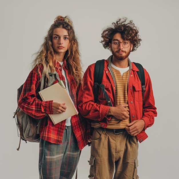 a man and a woman are standing together and one has a book in his hand