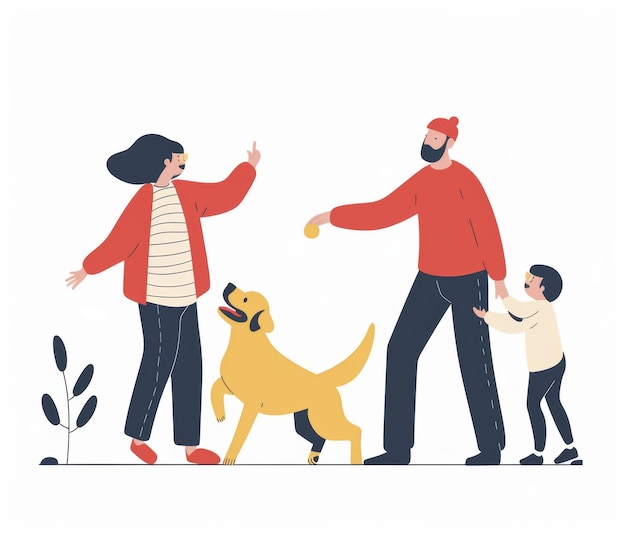 a man and a woman are standing with a dog and a man with a red jacket on