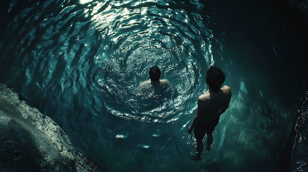 a man and a woman are swimming in the water