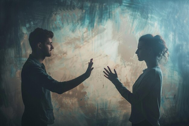 Photo a man and a woman are talking to each other and one has a blue sky behind them