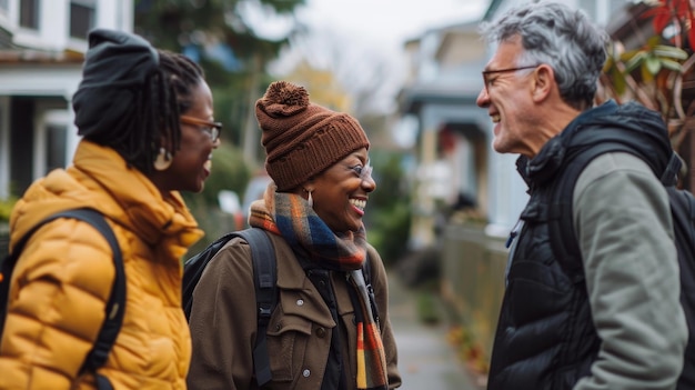 a man and a woman are talking to each other and one has a hat on