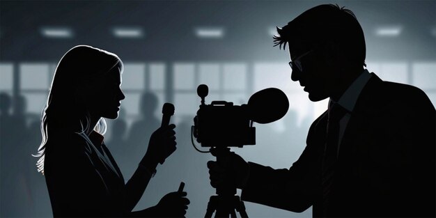 a man and a woman are talking in front of a camera