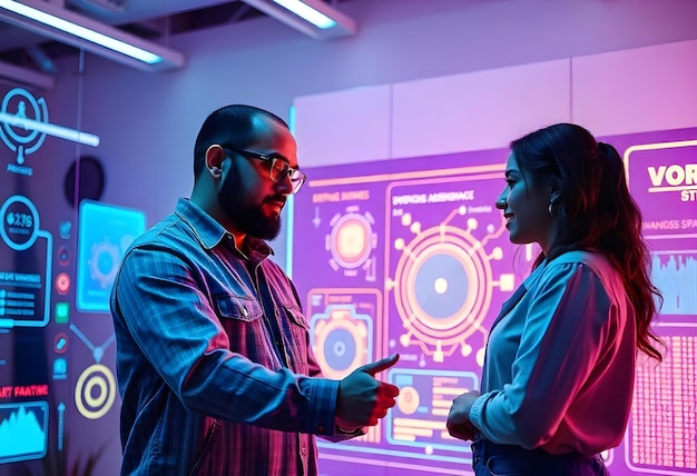 Photo a man and a woman are talking in front of a screen that says game