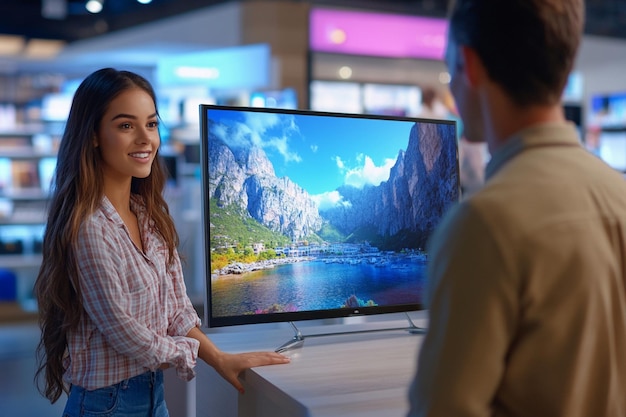 Photo a man and a woman are talking in front of a tv screen