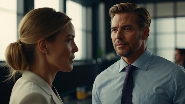 a man and woman are talking in front of a window They are students