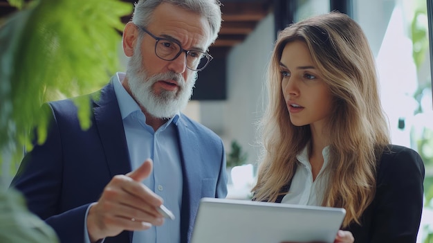 Photo a man and a woman are using a tablet with a man in a suit