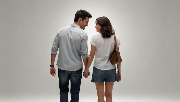 A man and a woman are walking away from the camera holding hands The woman is wearing a white dres