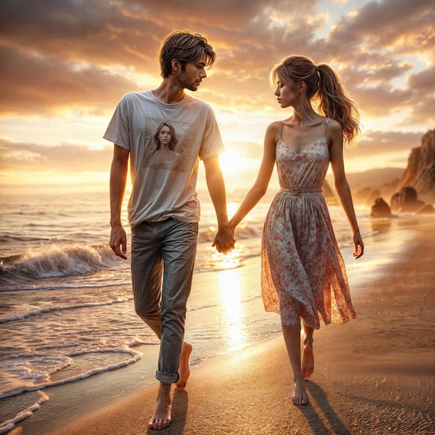 a man and a woman are walking on the beach holding hands