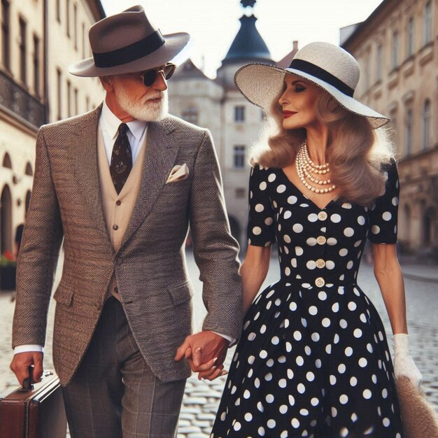 Photo a man and woman are walking down a street one of them is wearing a dress with a hat