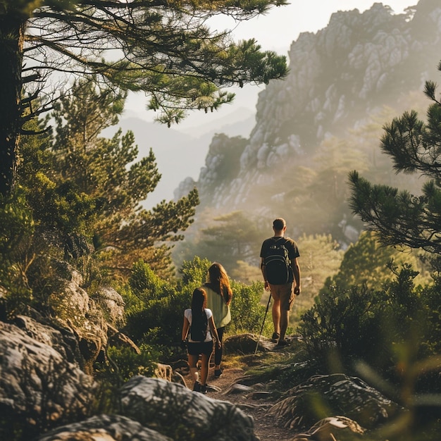 Photo a man and a woman are walking down a trail with a mountain in the background