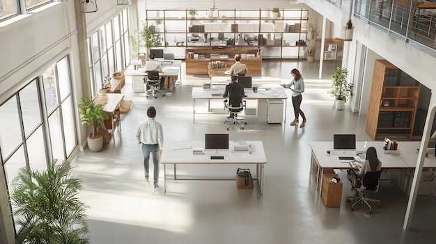 a man and woman are walking through a large office with a laptop on the table