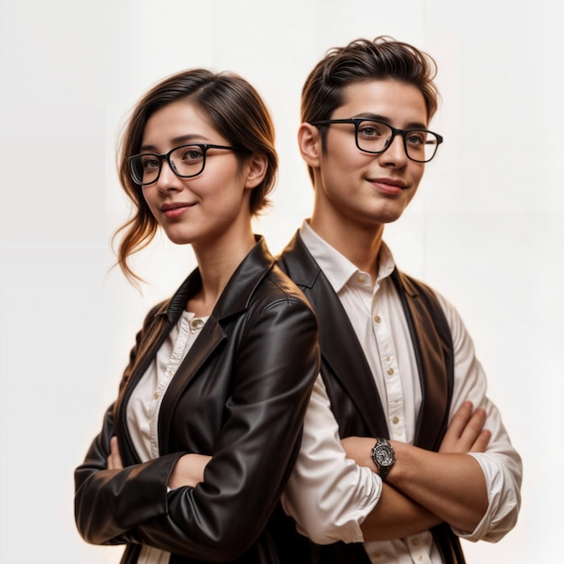 a man and a woman are wearing glasses and a jacket