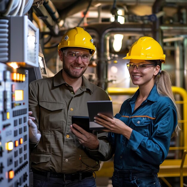 a man and a woman are wearing yellow hard hats and wearing yellow helmets