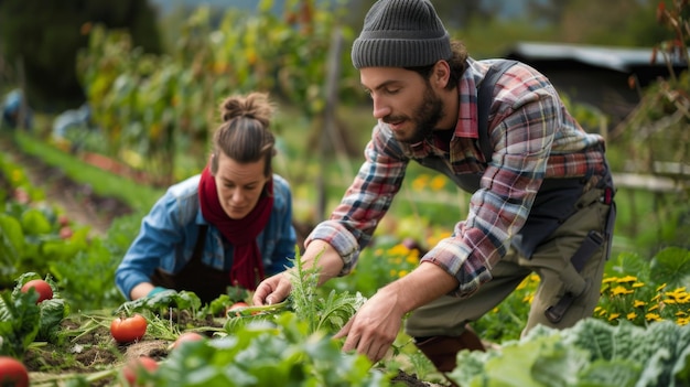 Photo a man and woman are working in a field with a plant