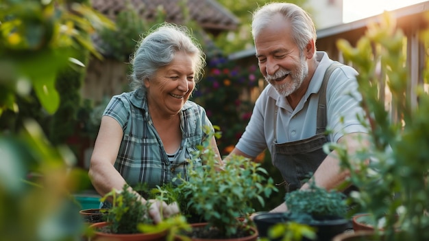 a man and a woman are working in a garden with plants