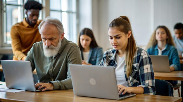 Photo a man and a woman are working on a laptop with a man and a woman on the laptop