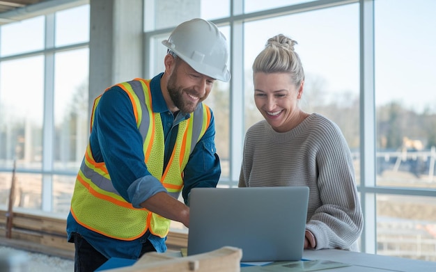 Photo a man and woman are working on a laptop