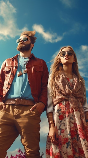 man and woman as boho hipsters against blue sky UHD Realistic