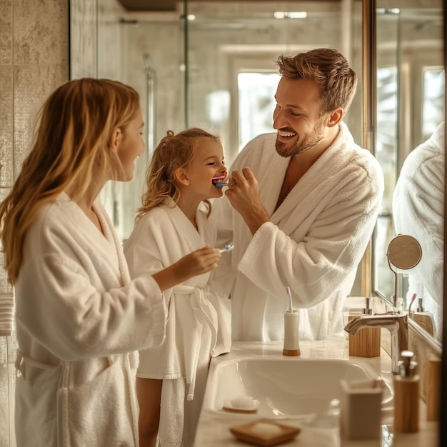 Photo a man and woman in bathrobe are looking at each other in front of a mirror