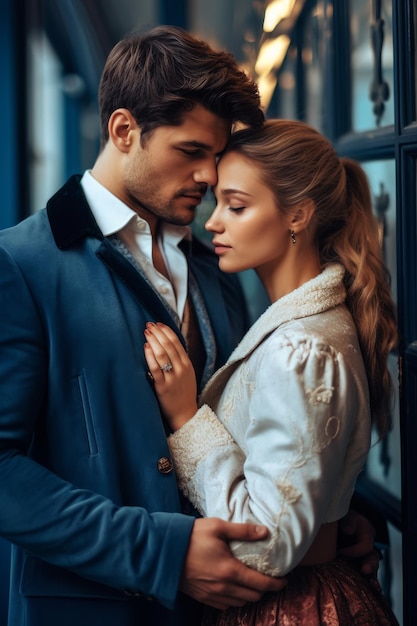 A man and woman in a blue suit stand in front of a window