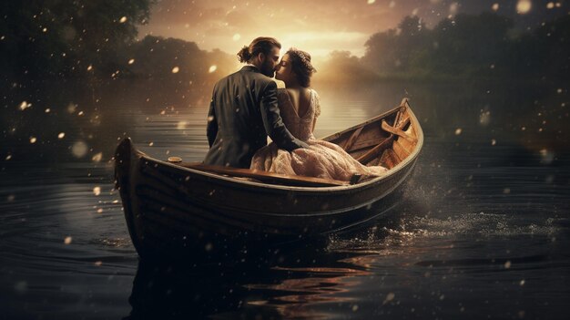 A man and a woman in a boat on the water