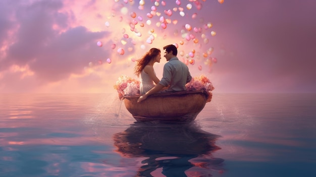 A man and woman in a boat with balloons floating in the water.