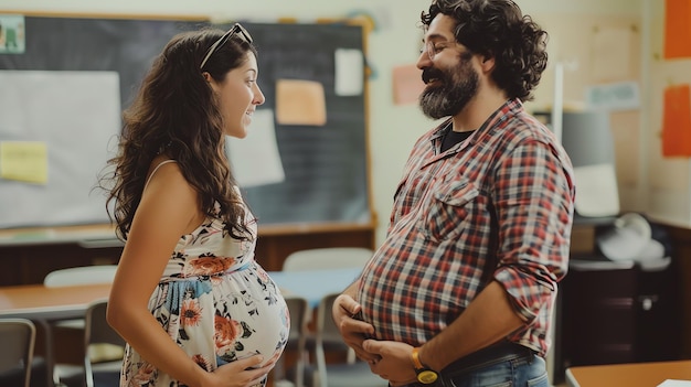 A man and a woman both with their hands on their bellies stand in front of a blackboard The woman is smiling and looking at the man