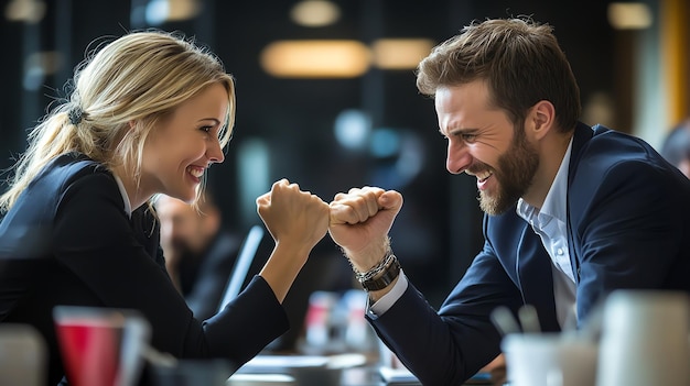 Photo a man and woman bump fists in celebration of their success smiling and laughing