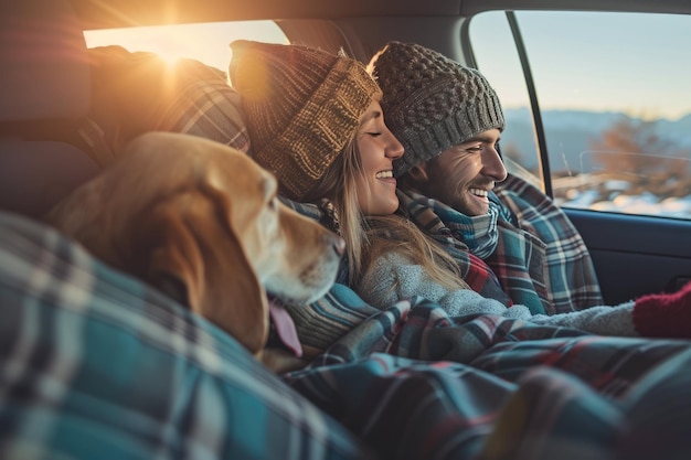 a man and woman in a car with a dog