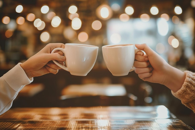 a man and a woman clinking coffee mugs in a cafe closeup coffee shop coffee lover background