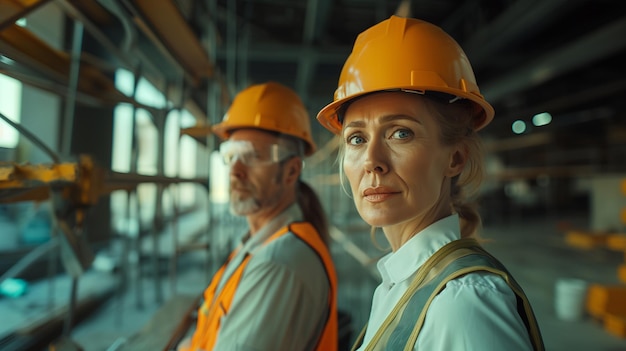 A Man and Woman Construction Worker in Helmets at a Construction Site