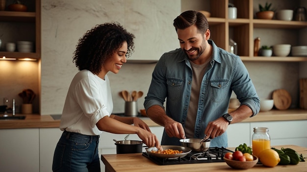 Photo a man and woman cooking in a kitchen one of them is wearing a shirt that says t shirt