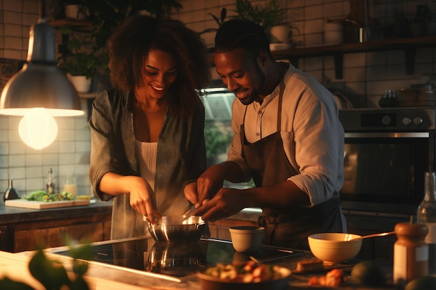 Photo a man and a woman cooking in a kitchen with a man cooking food