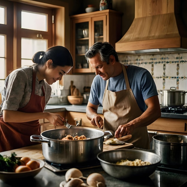 a man and a woman cooking in a kitchen with a pot of eggs