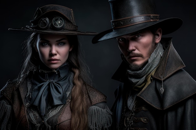 A man and woman in costume and cowboy hats stand side by side in a dark background.