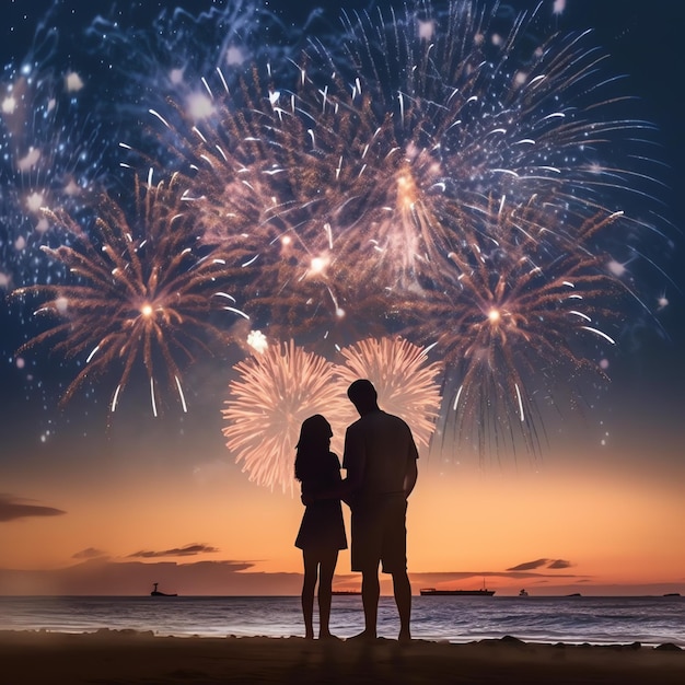 A man and woman couple watching colorful firework at beach for celebrate holiday or happy new year