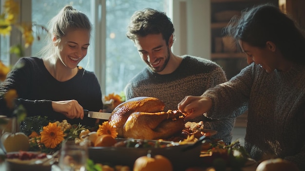 Photo a man and woman cutting a turkey with a knife and cutting it with a knife