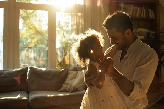 Photo a man and a woman dance joyfully in a sunlit living room a father and daughter dancing together in a sunlit living room