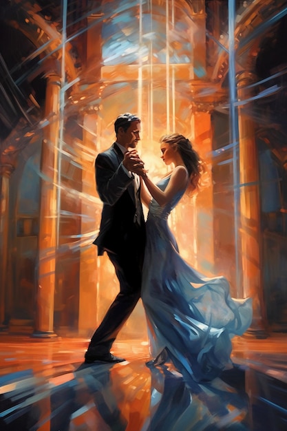 Man and woman dance in a room with beams of light behind them AI generative