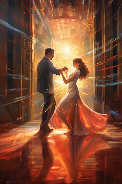 Photo man and woman dance in a room with beams of light behind them ai generative