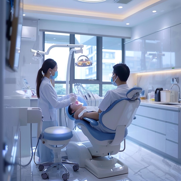 Photo a man and a woman in a dental chair with a man in a white uniform sitting in front of a mirror