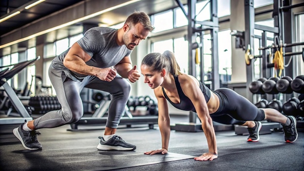 a man and woman doing push ups in a gym