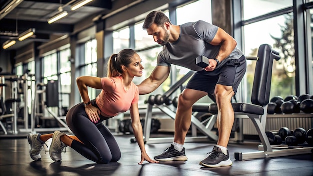 a man and woman doing push ups on a treadmill