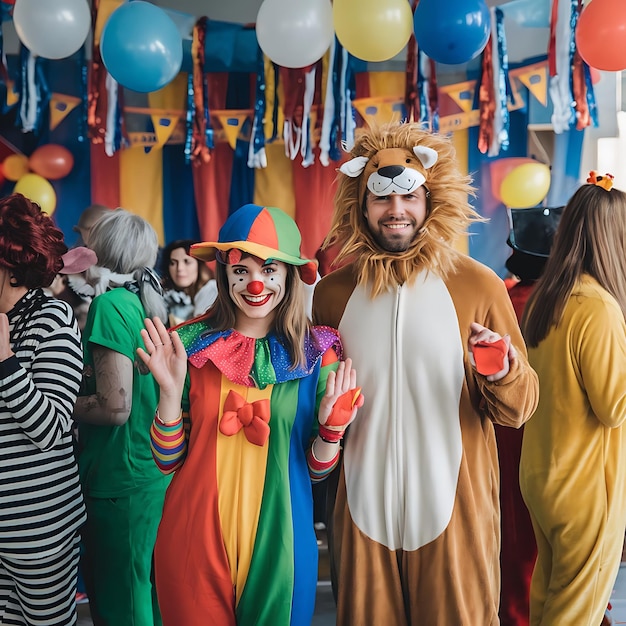 a man and woman dressed as a lion wearing a lion costume