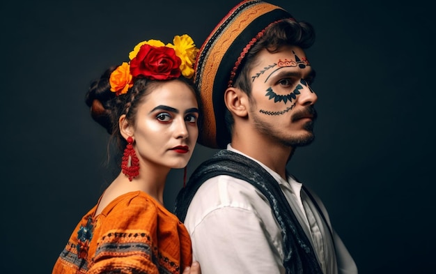 A man and woman dressed in costumes with painted faces and the word day of the dead on their face