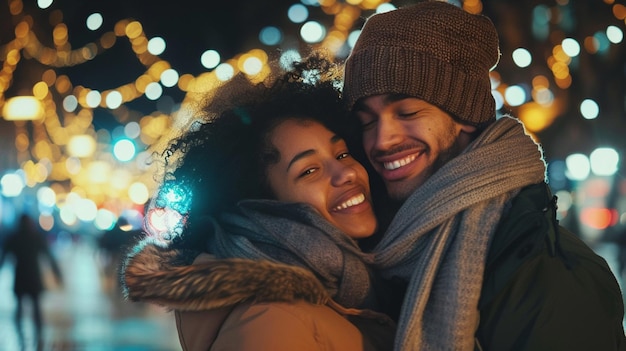 a man and woman embrace in front of a christmas tree