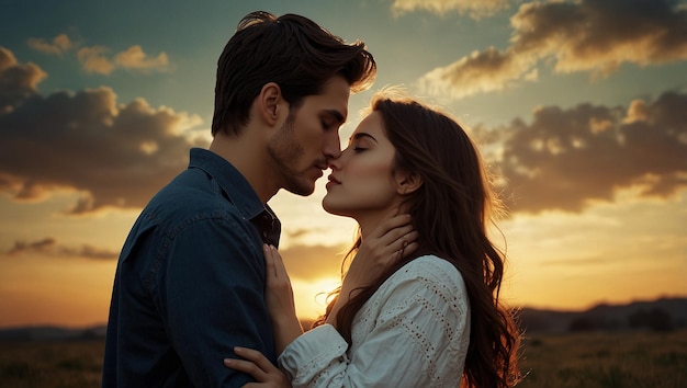 a man and woman embrace in a park