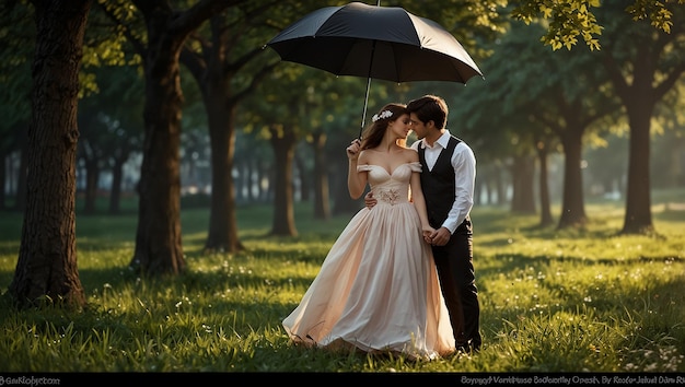 a man and woman embrace in a park