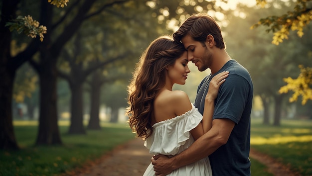 a man and woman embrace in a park