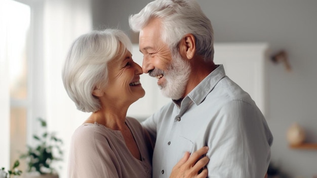 a man and woman embrace and smile